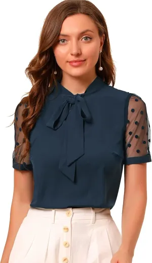 Allegra K Women's Bow Tie Neck V Neck Stand Collar Short Mesh Sleeve Blouse