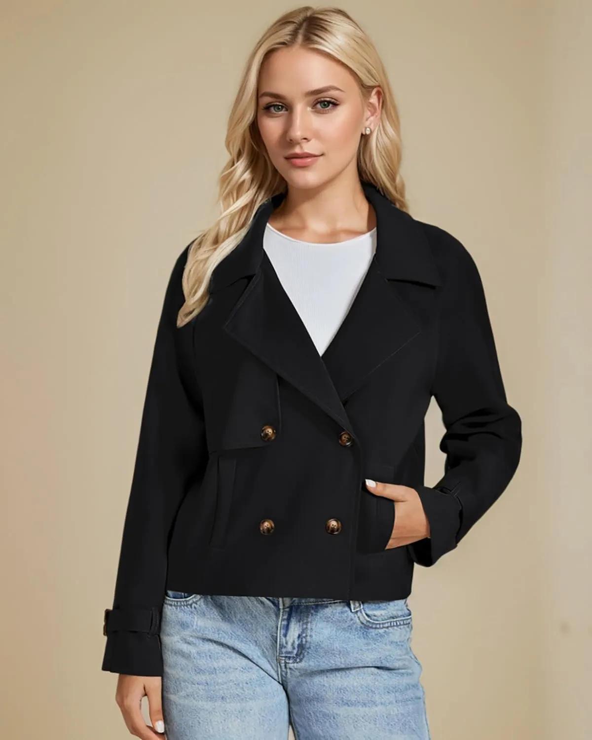 ASHER FASHION Cropped Trench Coat for Women, Fall Jackets for Women 2024, Long Sleeve Double Breasted Notched Lapel Casual