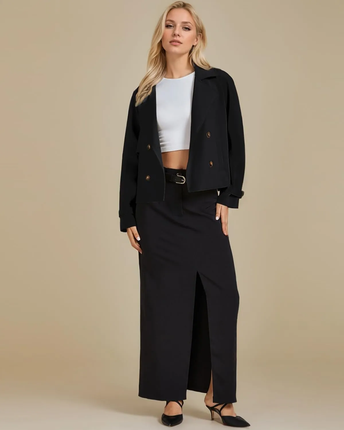 ASHER FASHION Cropped Trench Coat for Women, Fall Jackets for Women 2024, Long Sleeve Double Breasted Notched Lapel Casual