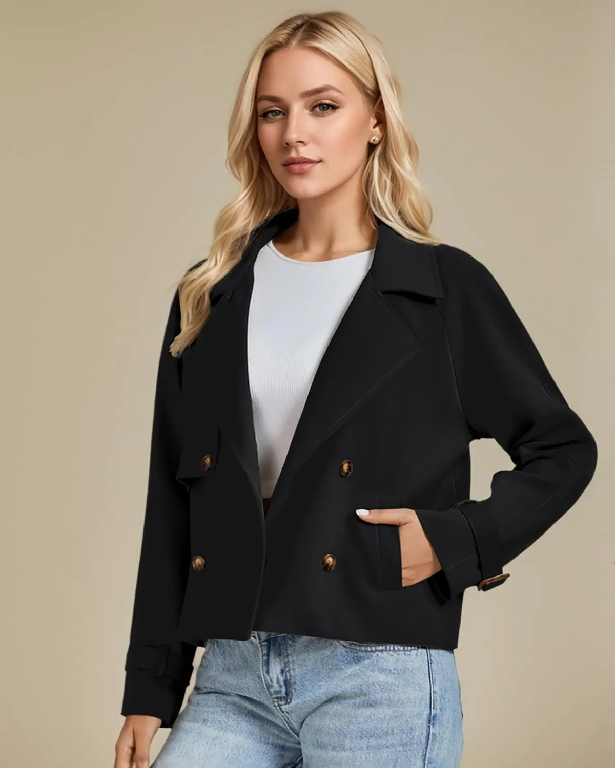 ASHER FASHION Cropped Trench Coat for Women, Fall Jackets for Women 2024, Long Sleeve Double Breasted Notched Lapel Casual