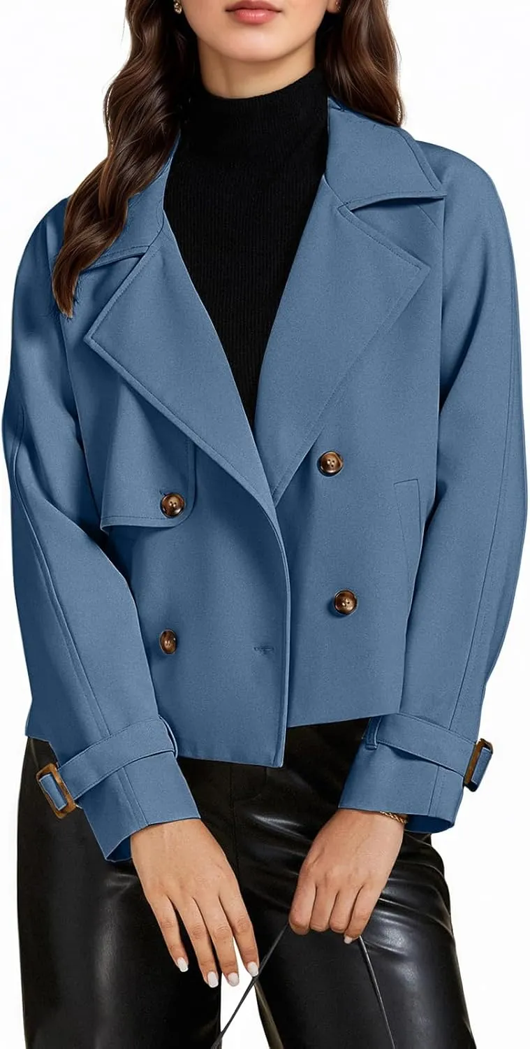 ASHER FASHION Cropped Trench Coat for Women, Fall Jackets for Women 2024, Long Sleeve Double Breasted Notched Lapel Casual