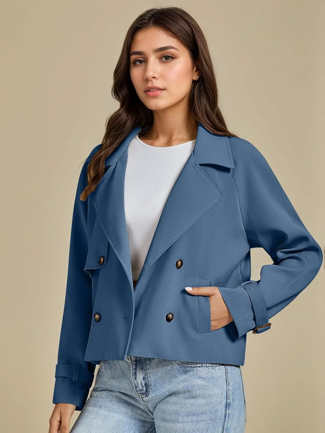 ASHER FASHION Cropped Trench Coat for Women, Fall Jackets for Women 2024, Long Sleeve Double Breasted Notched Lapel Casual