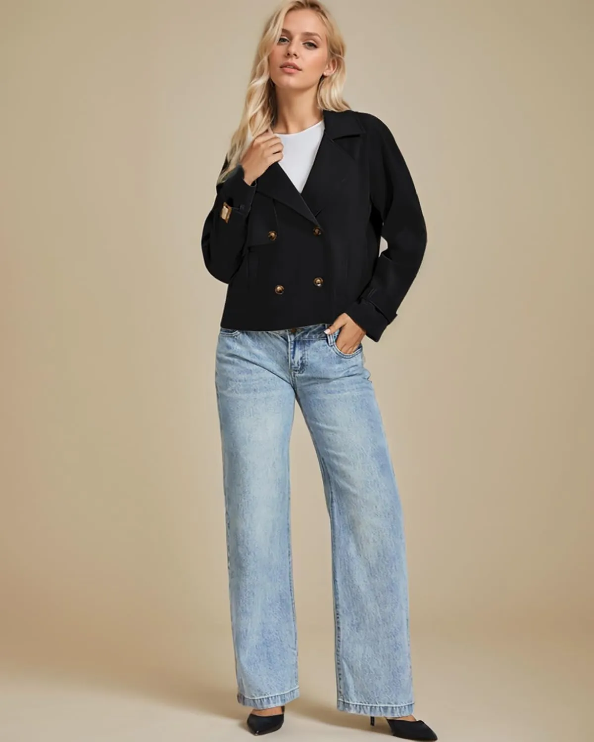 ASHER FASHION Cropped Trench Coat for Women, Fall Jackets for Women 2024, Long Sleeve Double Breasted Notched Lapel Casual