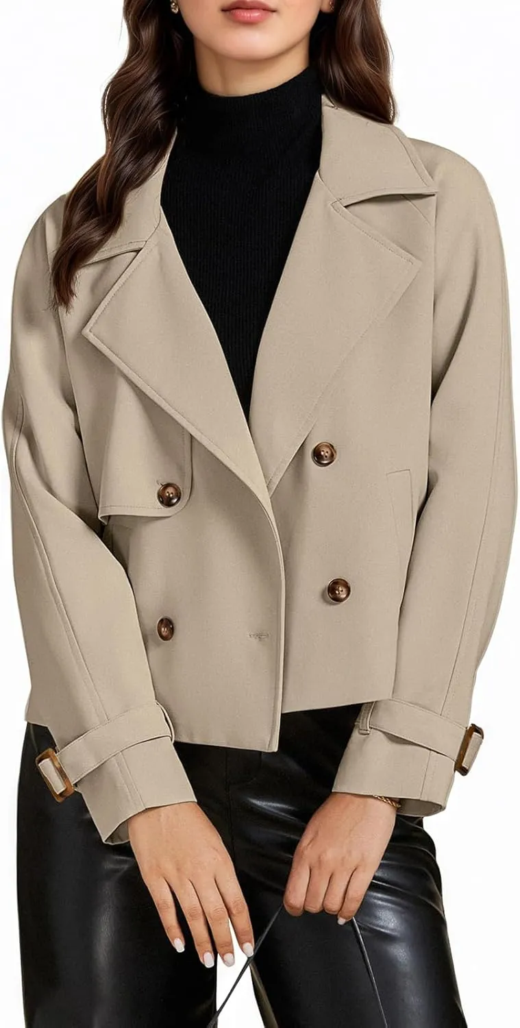 ASHER FASHION Cropped Trench Coat for Women, Fall Jackets for Women 2024, Long Sleeve Double Breasted Notched Lapel Casual