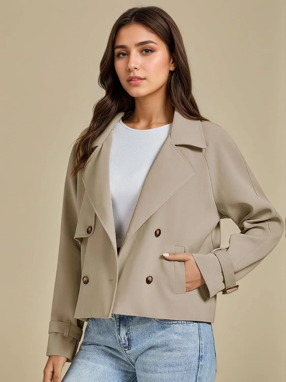 ASHER FASHION Cropped Trench Coat for Women, Fall Jackets for Women 2024, Long Sleeve Double Breasted Notched Lapel Casual