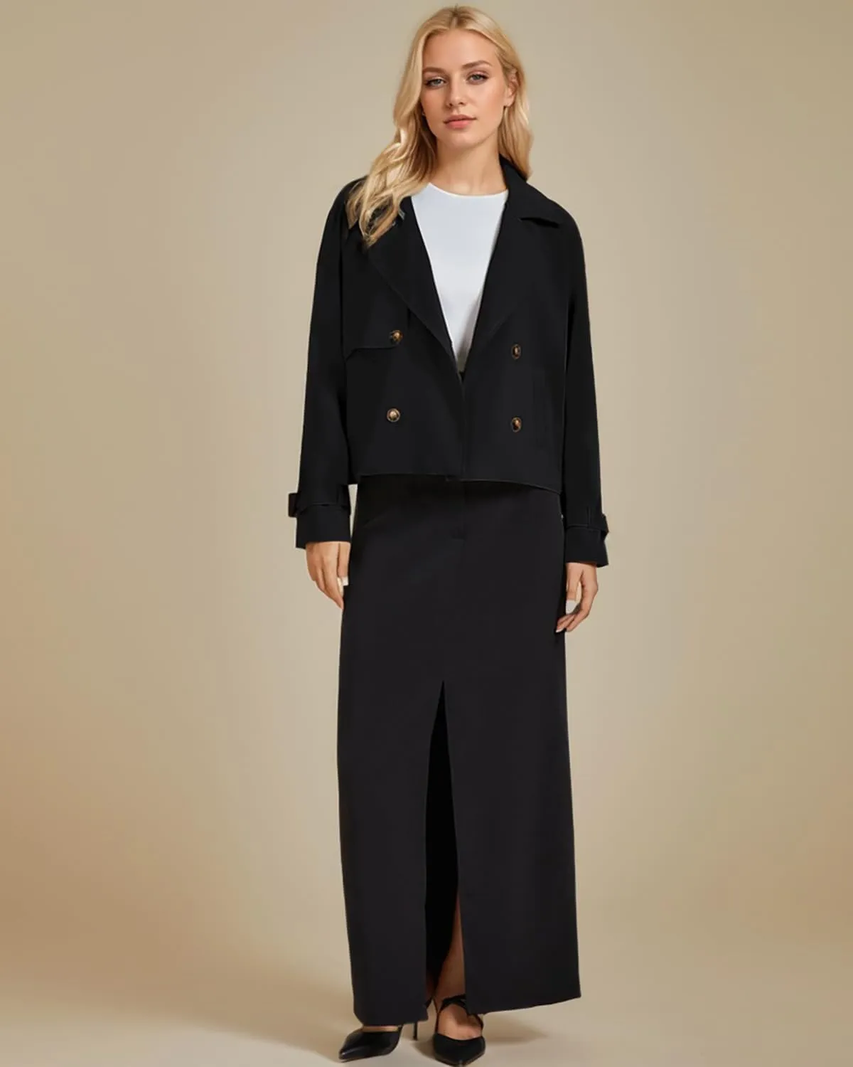 ASHER FASHION Cropped Trench Coat for Women, Fall Jackets for Women 2024, Long Sleeve Double Breasted Notched Lapel Casual