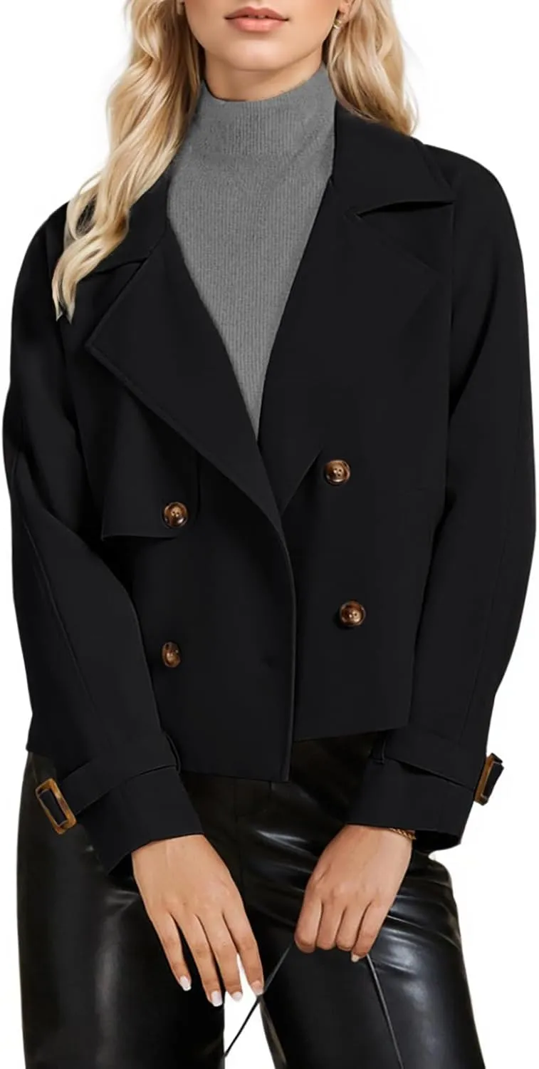 ASHER FASHION Cropped Trench Coat for Women, Fall Jackets for Women 2024, Long Sleeve Double Breasted Notched Lapel Casual