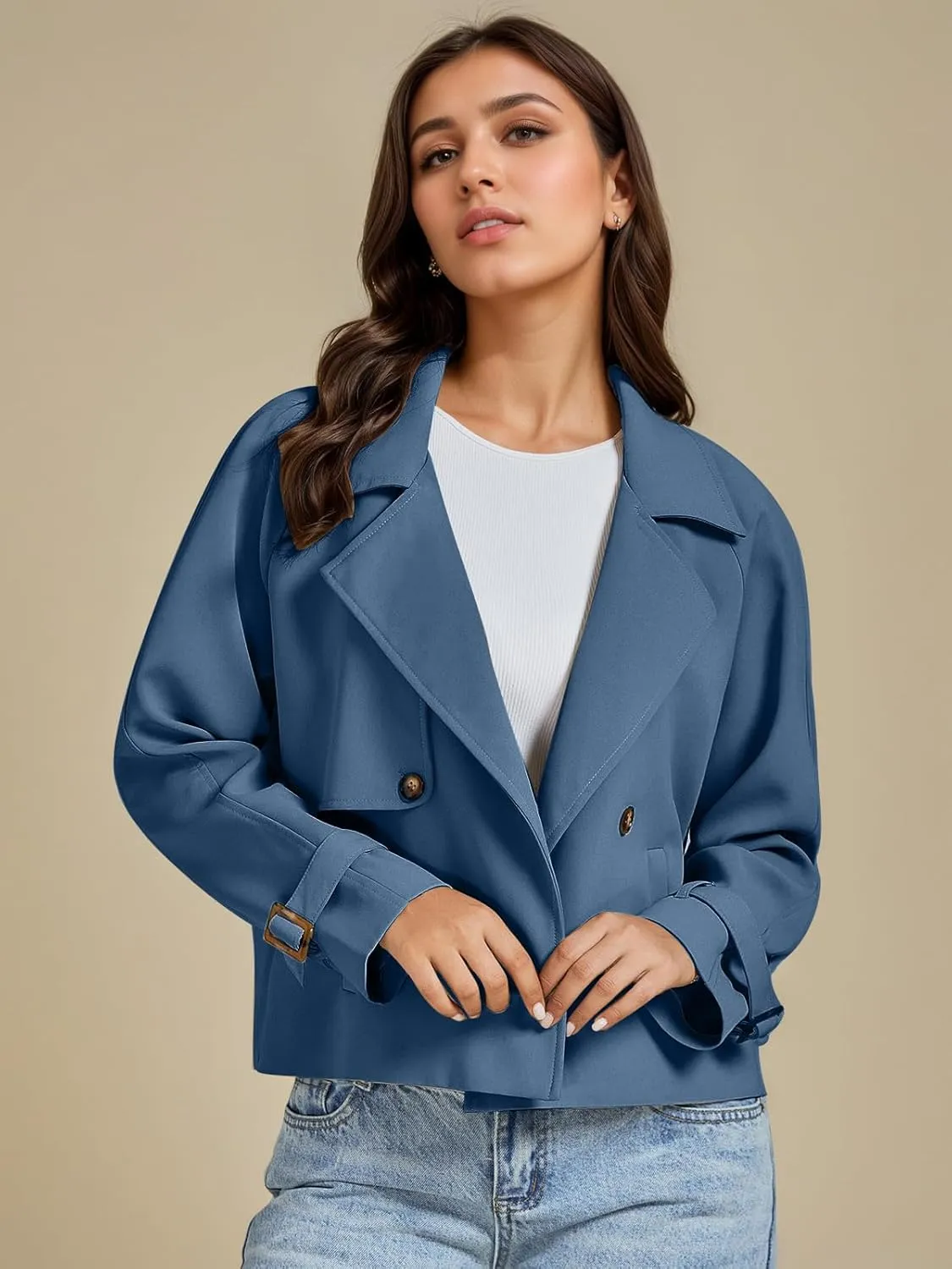 ASHER FASHION Cropped Trench Coat for Women, Fall Jackets for Women 2024, Long Sleeve Double Breasted Notched Lapel Casual