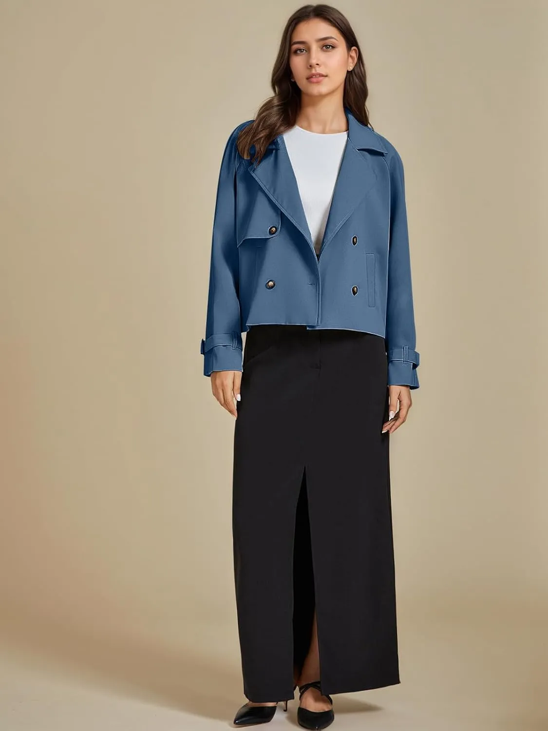 ASHER FASHION Cropped Trench Coat for Women, Fall Jackets for Women 2024, Long Sleeve Double Breasted Notched Lapel Casual