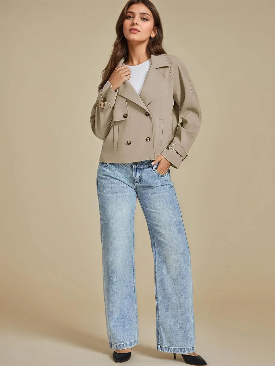 ASHER FASHION Cropped Trench Coat for Women, Fall Jackets for Women 2024, Long Sleeve Double Breasted Notched Lapel Casual