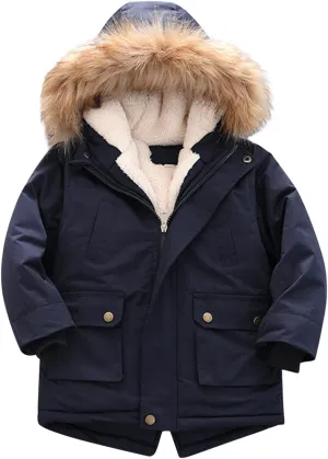 Boys and Toddler's Winter Coat Fleece Lined Long Puffer Jacket Insulated Parka with Faux Fur Collar Hooded Down Coat