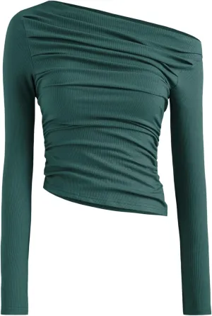 CIDER Women's Asymmetrical Top Off The Shouler Long Sleeve Shirts Ruched Going Out Crop Tops