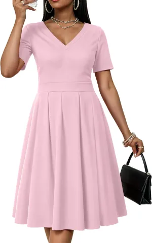 CLOCOR Womens Casual Summer Mini Dress Short Sleeve Empire Waist Dress A-Line V-Neck T-Shirt Dresses with Pocket