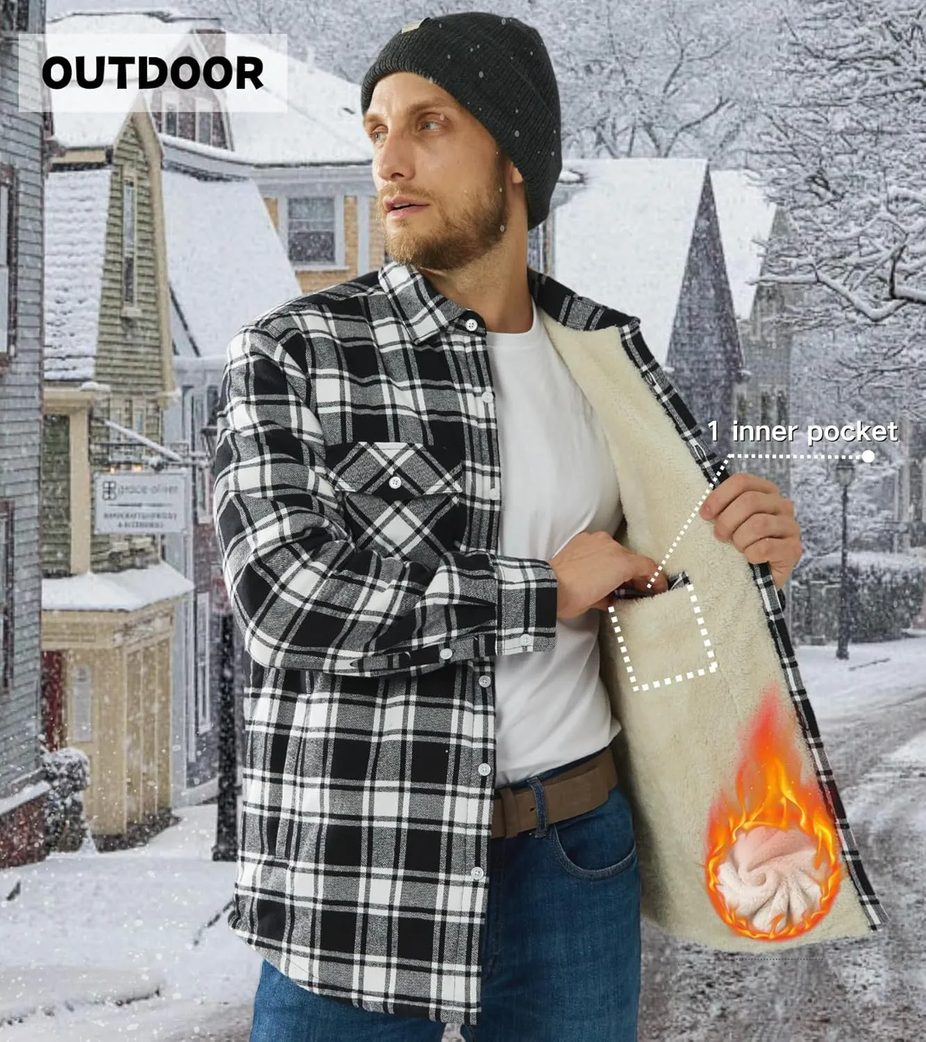 EKLENTSON Men's Flannel Shirt Jacket Thick Fleece Lined Jackets Plaid Sherpa Jacket Cotton Winter Jackets With 5 Pockets