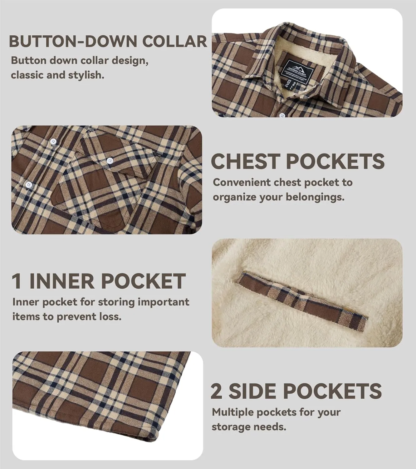 EKLENTSON Men's Flannel Shirt Jacket Thick Fleece Lined Jackets Plaid Sherpa Jacket Cotton Winter Jackets With 5 Pockets