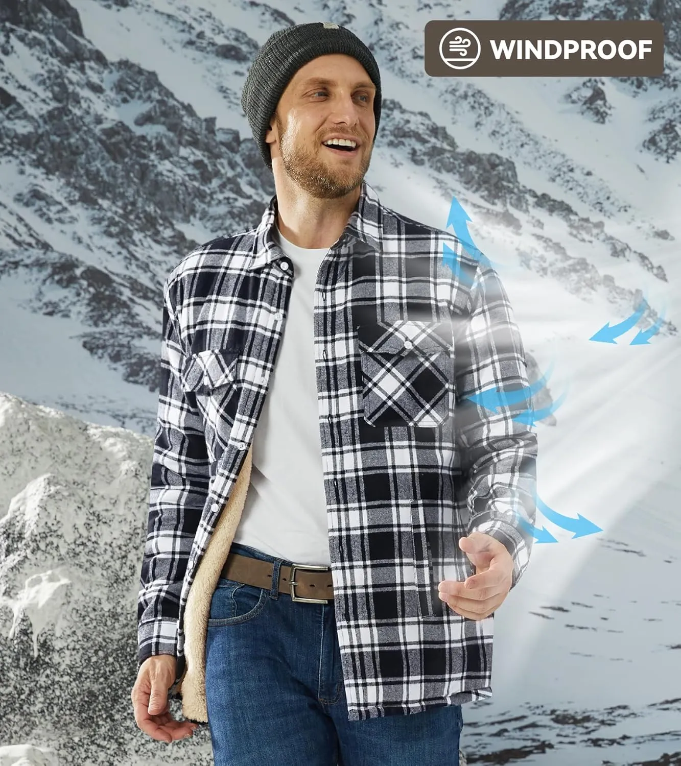 EKLENTSON Men's Flannel Shirt Jacket Thick Fleece Lined Jackets Plaid Sherpa Jacket Cotton Winter Jackets With 5 Pockets