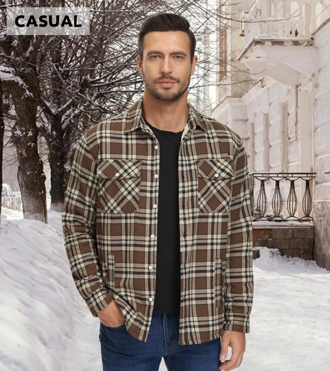 EKLENTSON Men's Flannel Shirt Jacket Thick Fleece Lined Jackets Plaid Sherpa Jacket Cotton Winter Jackets With 5 Pockets