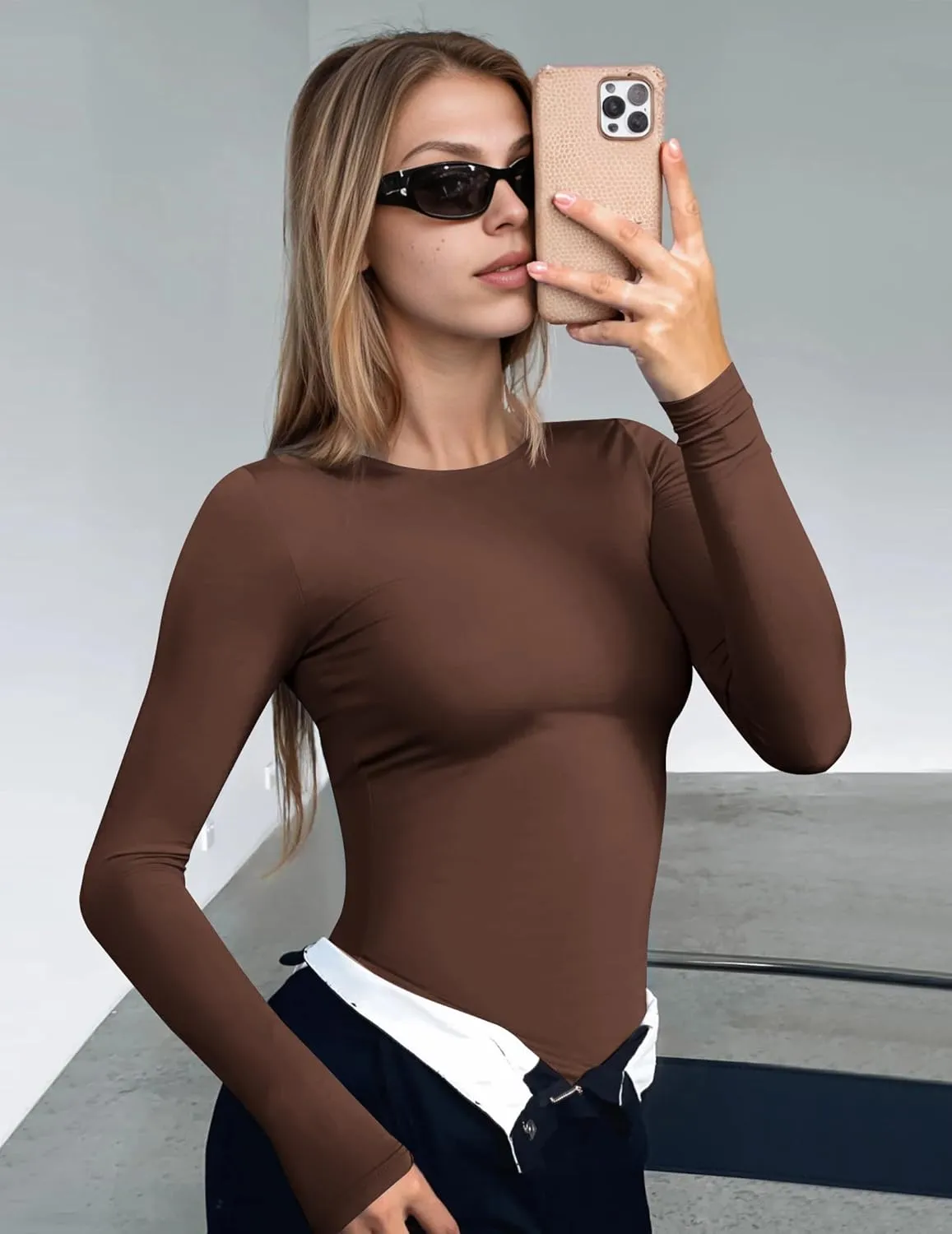 Ekouaer Women's Long Sleeve Shirts Tight Fitted Tops Crewneck Underscrubs Tee Lightweight Basic Thermal Undershirts