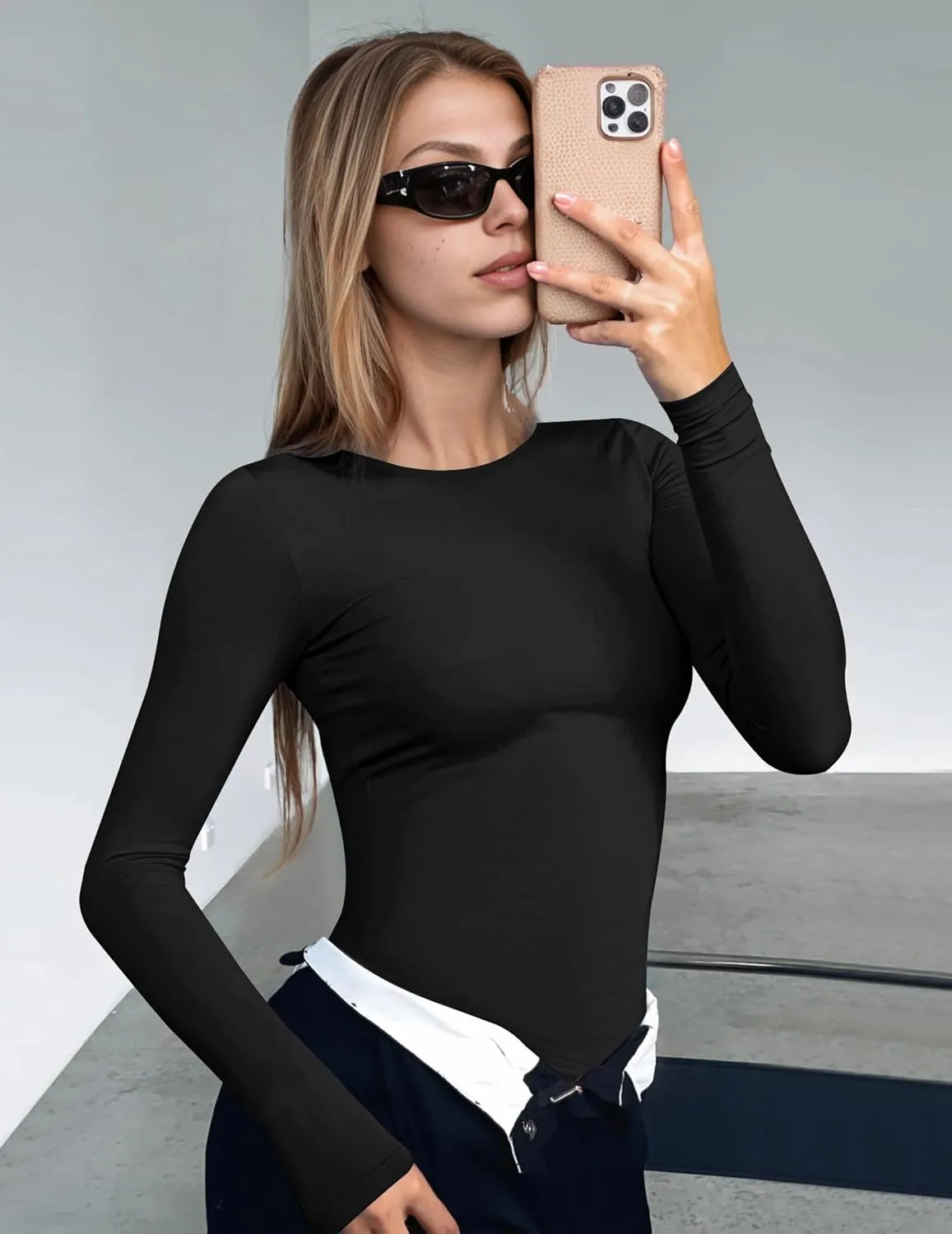 Ekouaer Women's Long Sleeve Shirts Tight Fitted Tops Crewneck Underscrubs Tee Lightweight Basic Thermal Undershirts