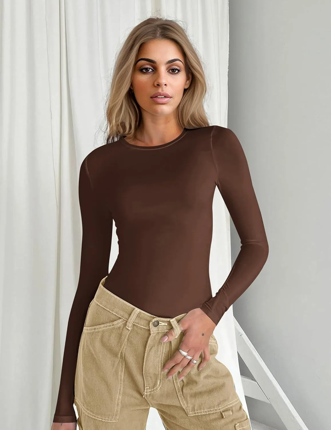 Ekouaer Women's Long Sleeve Shirts Tight Fitted Tops Crewneck Underscrubs Tee Lightweight Basic Thermal Undershirts