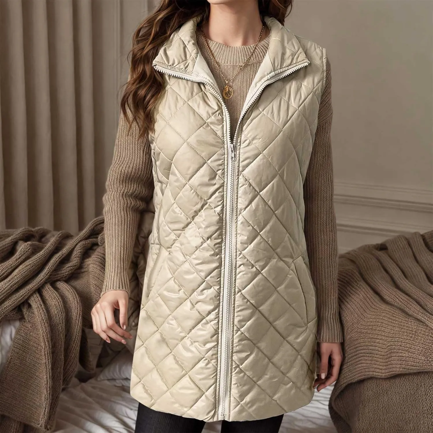 fartey Quilted Vest Women 2024 Sleeveless Puffer Vest Jackets Zip Up Stand Collar Gilet Coats Outwear Witt Pockets