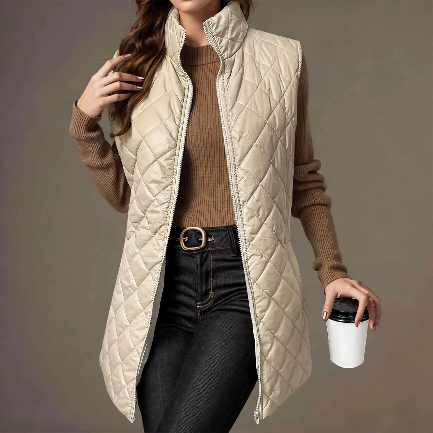 fartey Quilted Vest Women 2024 Sleeveless Puffer Vest Jackets Zip Up Stand Collar Gilet Coats Outwear Witt Pockets