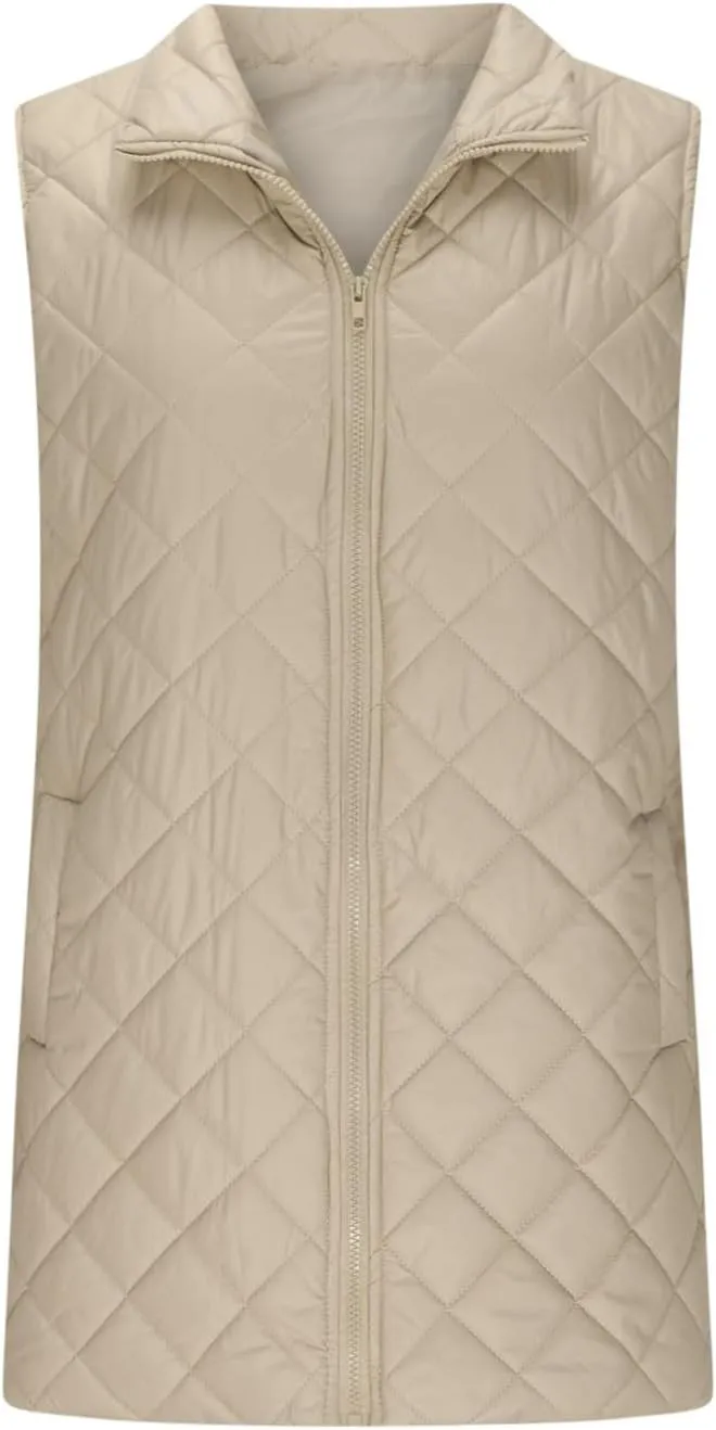 fartey Quilted Vest Women 2024 Sleeveless Puffer Vest Jackets Zip Up Stand Collar Gilet Coats Outwear Witt Pockets