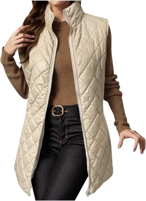 fartey Quilted Vest Women 2024 Sleeveless Puffer Vest Jackets Zip Up Stand Collar Gilet Coats Outwear Witt Pockets