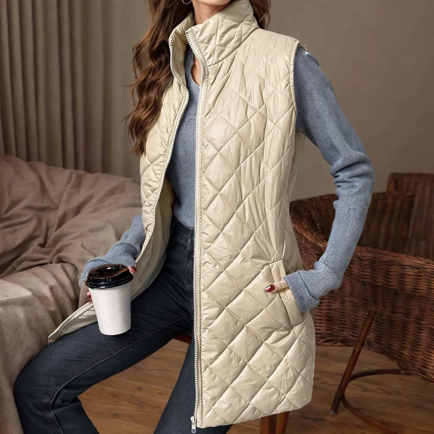 fartey Quilted Vest Women 2024 Sleeveless Puffer Vest Jackets Zip Up Stand Collar Gilet Coats Outwear Witt Pockets