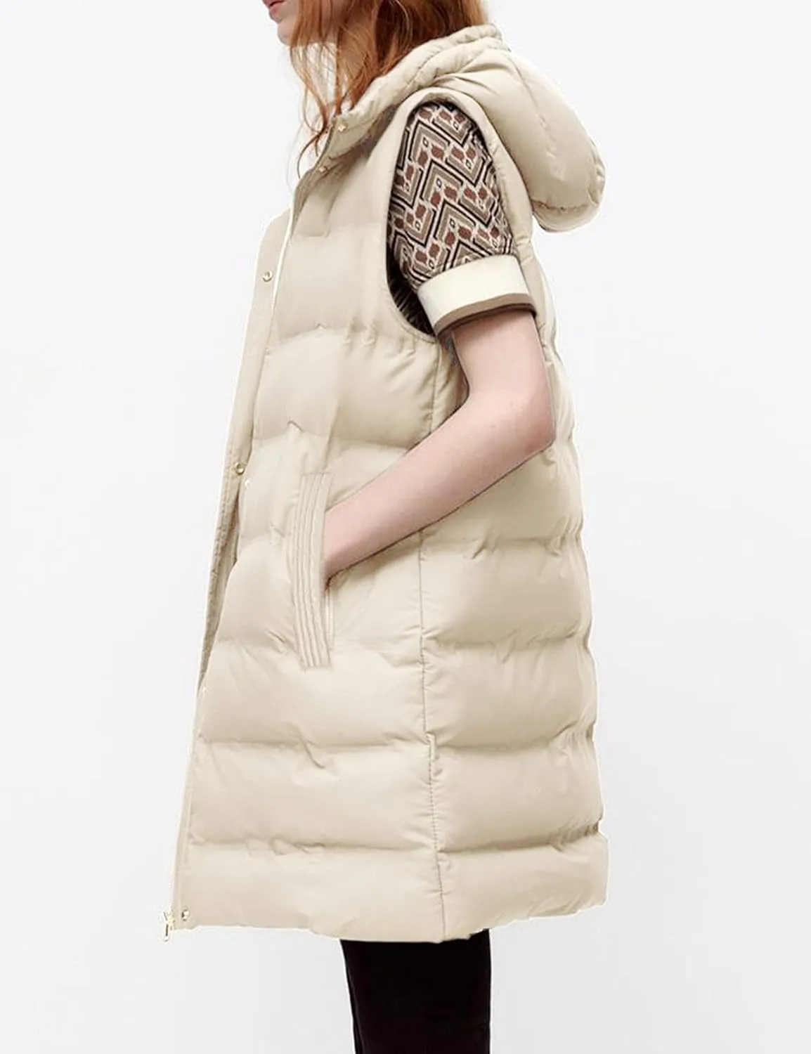 Fiona Jolin Long Puffer Vest Women Sleeveless Hooded Puffy Jacket Coat Outerwear Vest Gilet