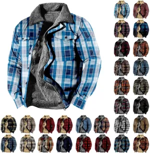 Flannel Jacket for Men Without Hood Zip up Hooded Heavyweight Thick Fleece Lined Winter Warm Plaid Shirt Jacket Big Tall