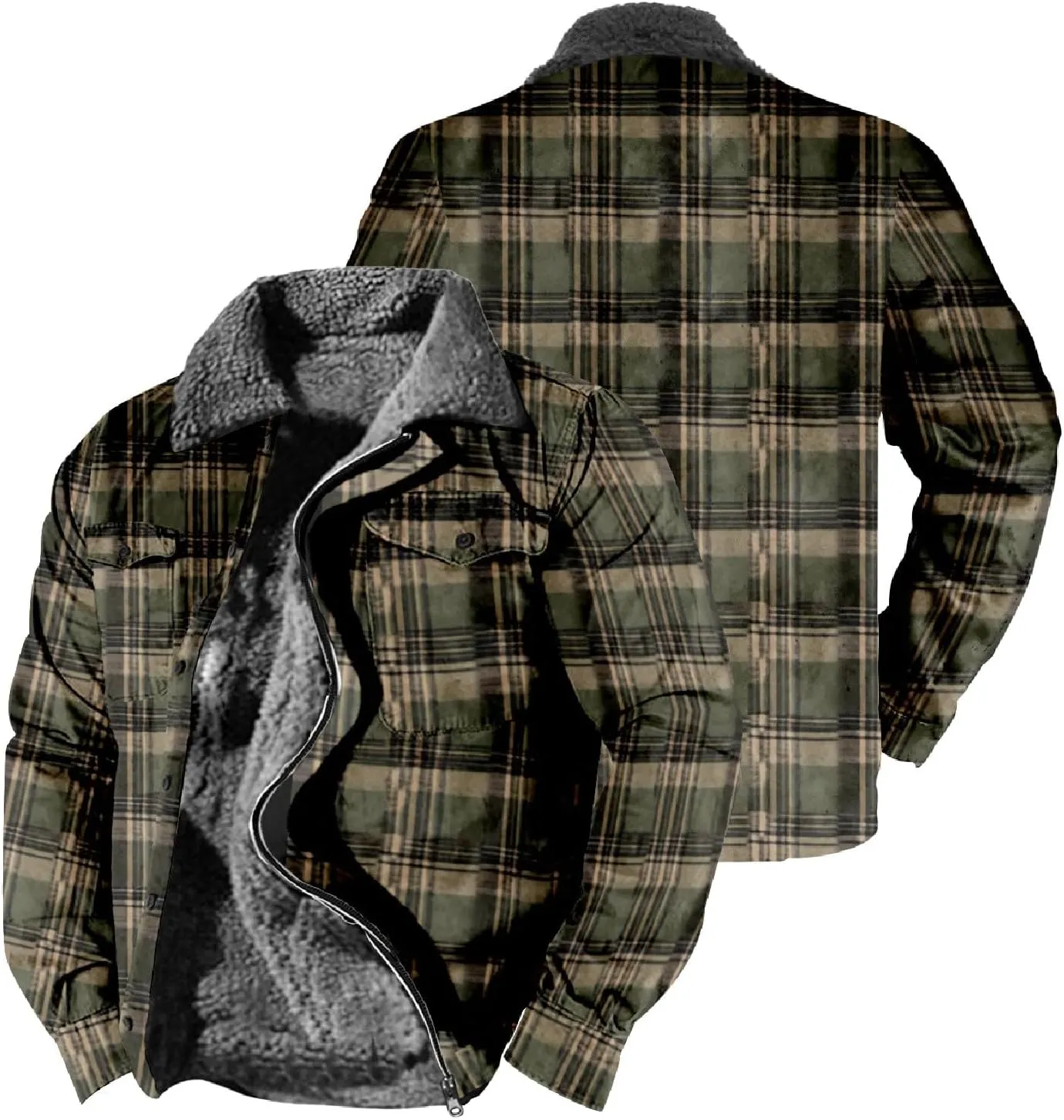 Flannel Jacket for Men Without Hood Zip up Hooded Heavyweight Thick Fleece Lined Winter Warm Plaid Shirt Jacket Big Tall