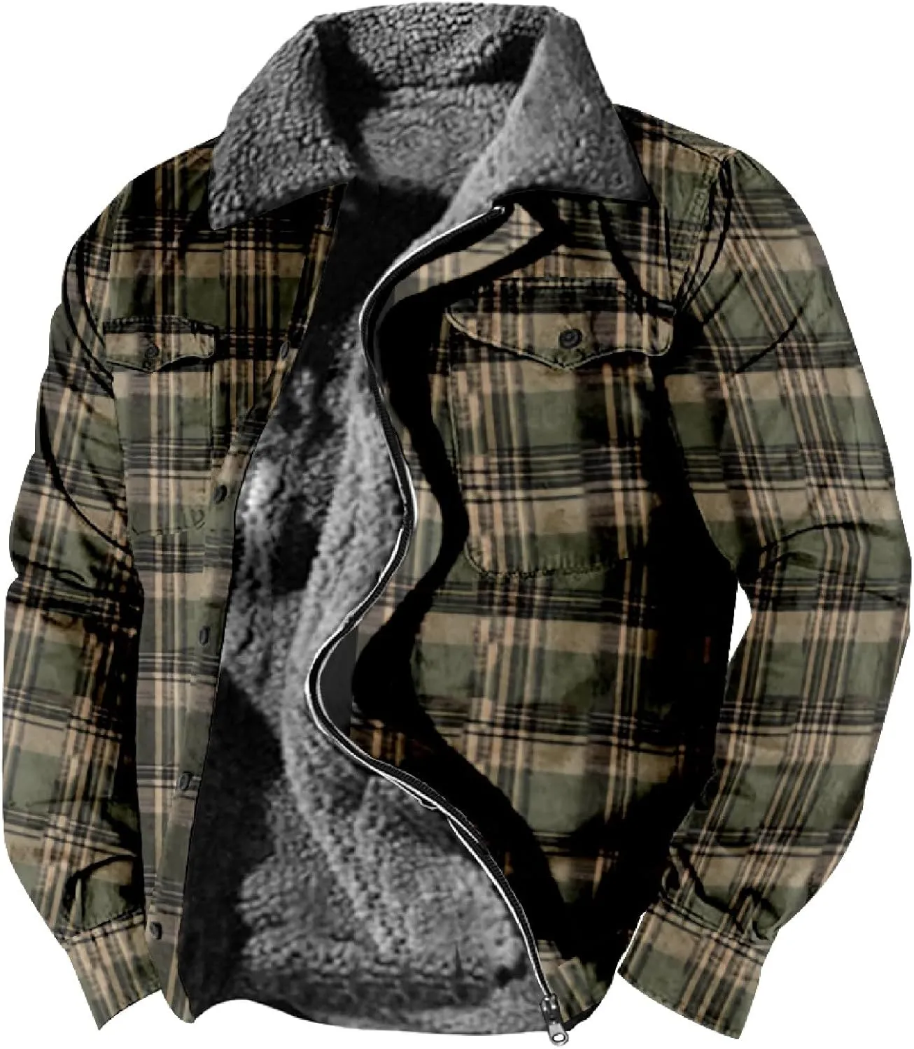Flannel Jacket for Men Without Hood Zip up Hooded Heavyweight Thick Fleece Lined Winter Warm Plaid Shirt Jacket Big Tall