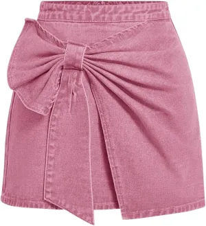 Floerns Women's High Waisted Big Bow Wrap Front Mini Bodycon Denim Skirts