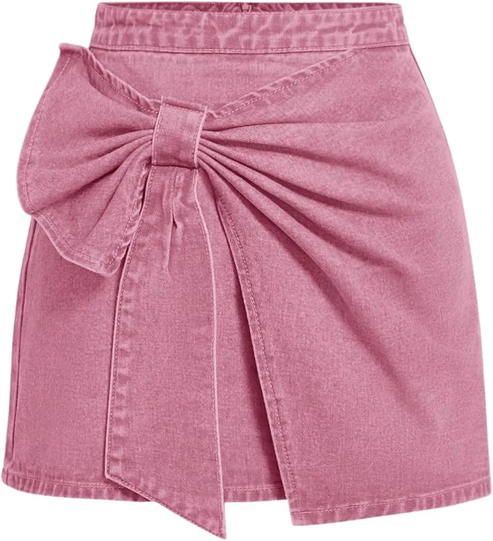 Floerns Women's High Waisted Big Bow Wrap Front Mini Bodycon Denim Skirts