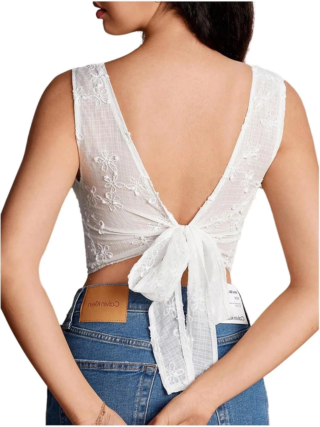 Floerns Women's Jacquard Tie Back Sleeveless Vest Shirts Crewneck Blouse Tops