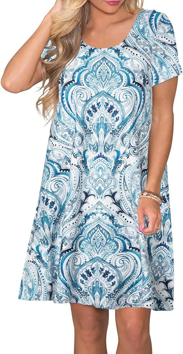 FZ FANTASTIC ZONE Women's Casual Summer T Shirt Dresses Short Sleeve Swing Dress with Pockets