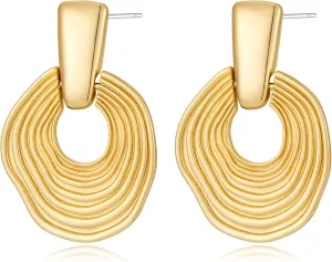 Gold Earrings Chic Vintage Earring Ripple Textured Dangle Hoop Doorknocker Earrings Gold Plated Earrings for Women Fashion Statement Jewelry