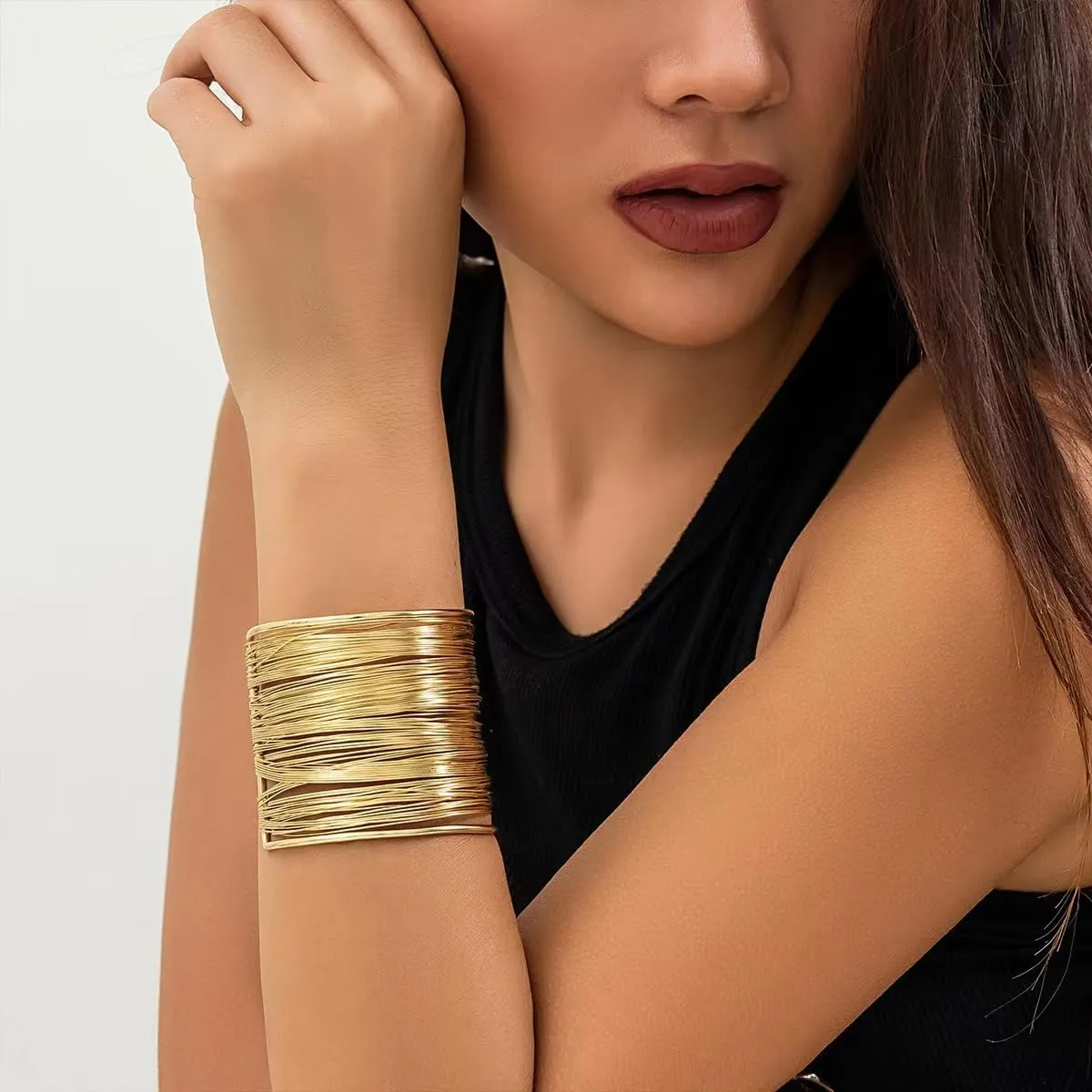 Gold Plated Cuff Bangle Bracelet for Women Chunky Cuff Bangle Bracelet Thin Thread Wire Open Wrist Cuff Wrap Bracelet Jewelry