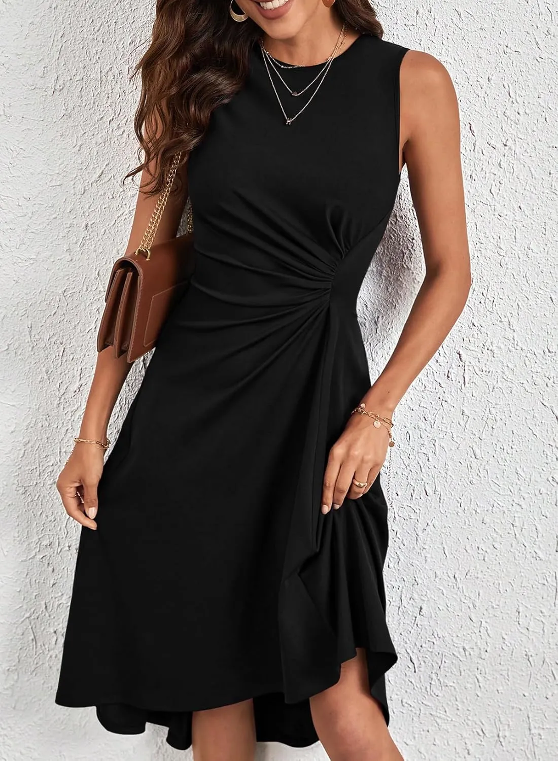 Happy Sailed Women's Summer Sleeveless Ruched Waist Flowy A Line High Low Midi Cocktail Party Dress