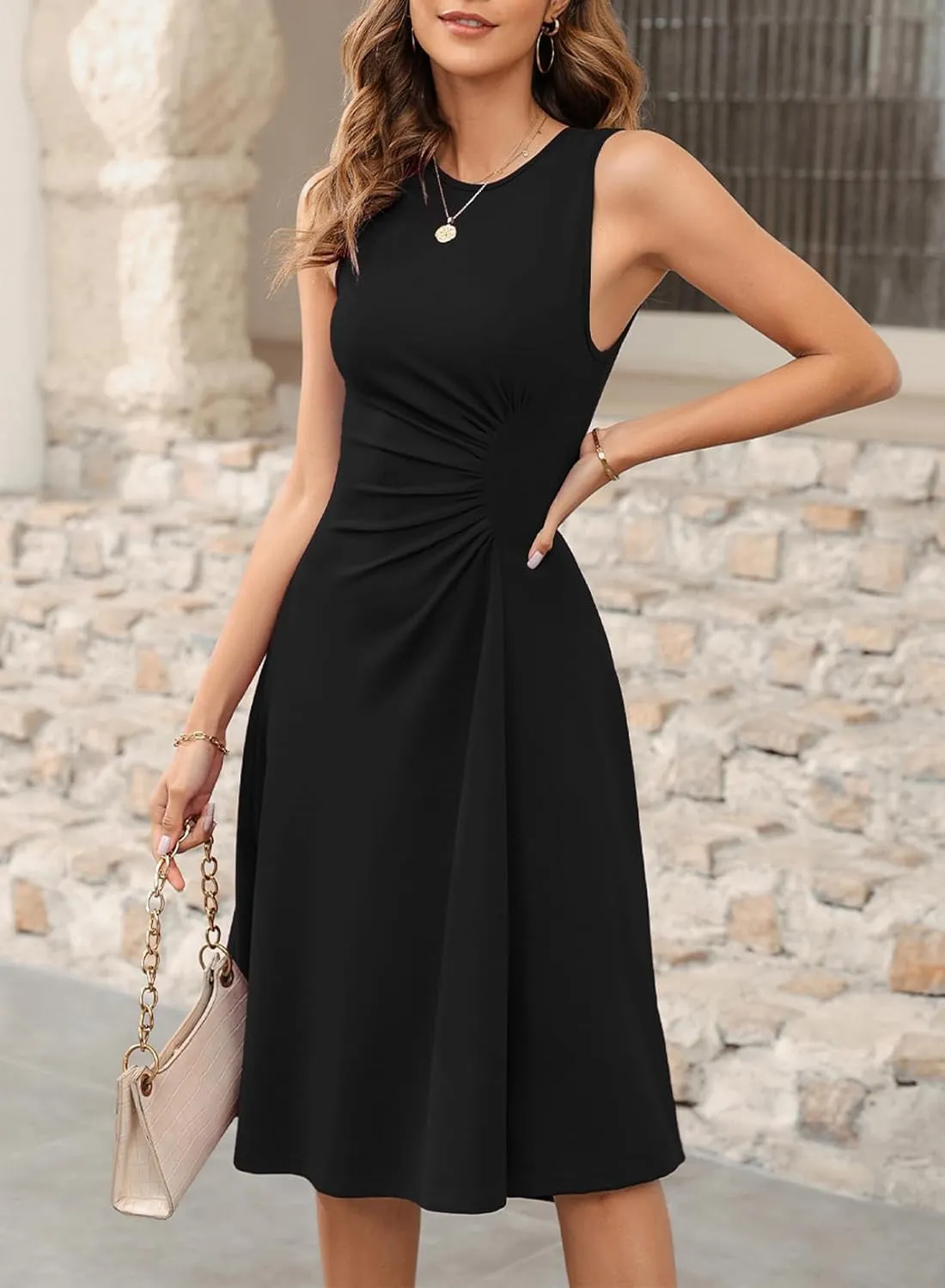 Happy Sailed Women's Summer Sleeveless Ruched Waist Flowy A Line High Low Midi Cocktail Party Dress