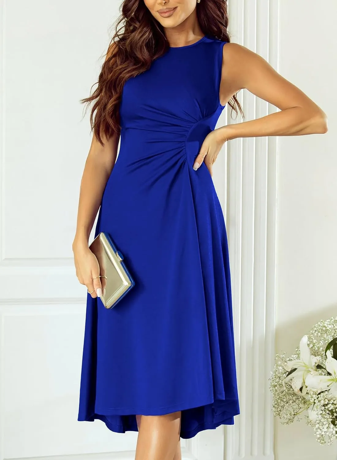 Happy Sailed Women's Summer Sleeveless Ruched Waist Flowy A Line High Low Midi Cocktail Party Dress