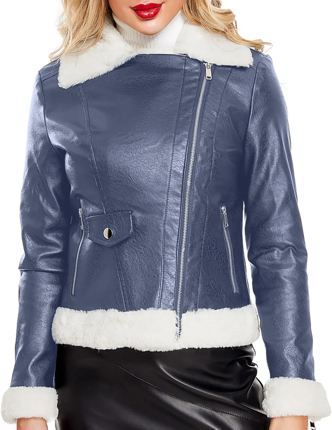 Hasta Women's Faux Leather Jackets Warm Fleece Zip Short PU Moto Winter Coats 2023 Slim Cropped Faux Suede Jacket Plus Size