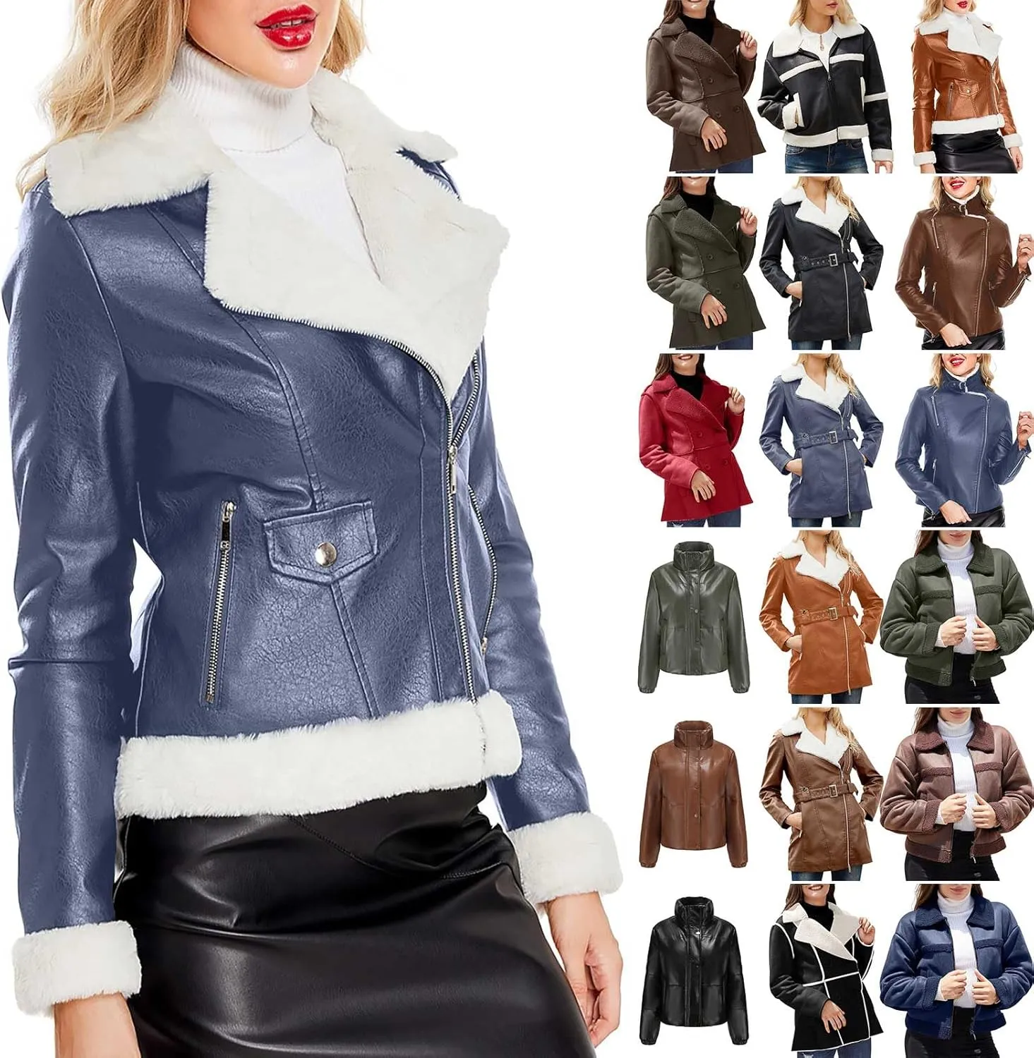 Hasta Women's Faux Leather Jackets Warm Fleece Zip Short PU Moto Winter Coats 2023 Slim Cropped Faux Suede Jacket Plus Size
