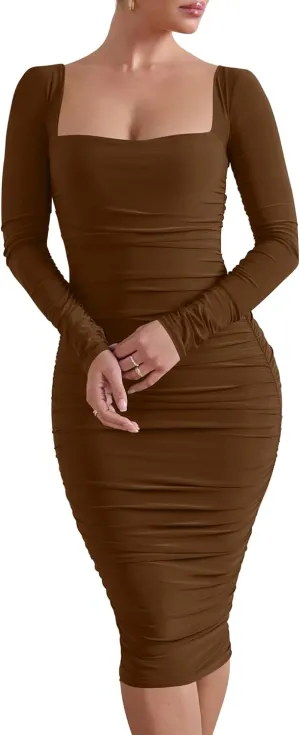 HOCILLE Women's Sexy Long Sleeve Bodycon Square Neck Ruched Cocktail Party Midi Dresses