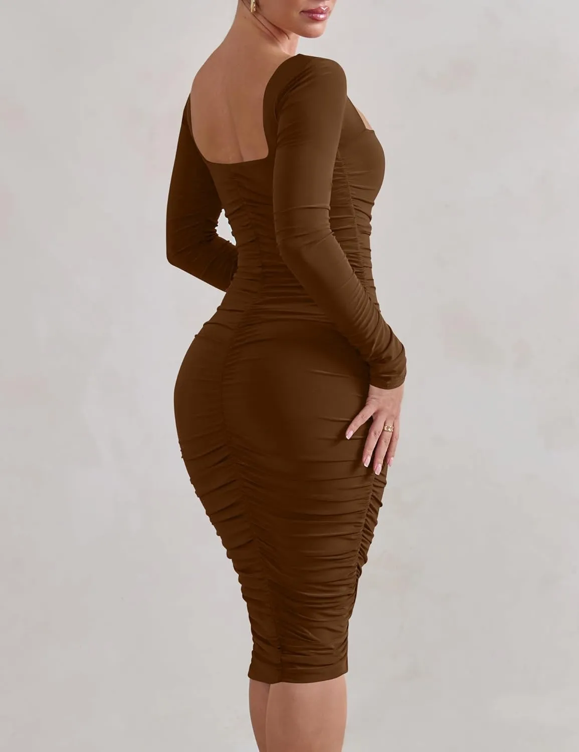 HOCILLE Women's Sexy Long Sleeve Bodycon Square Neck Ruched Cocktail Party Midi Dresses