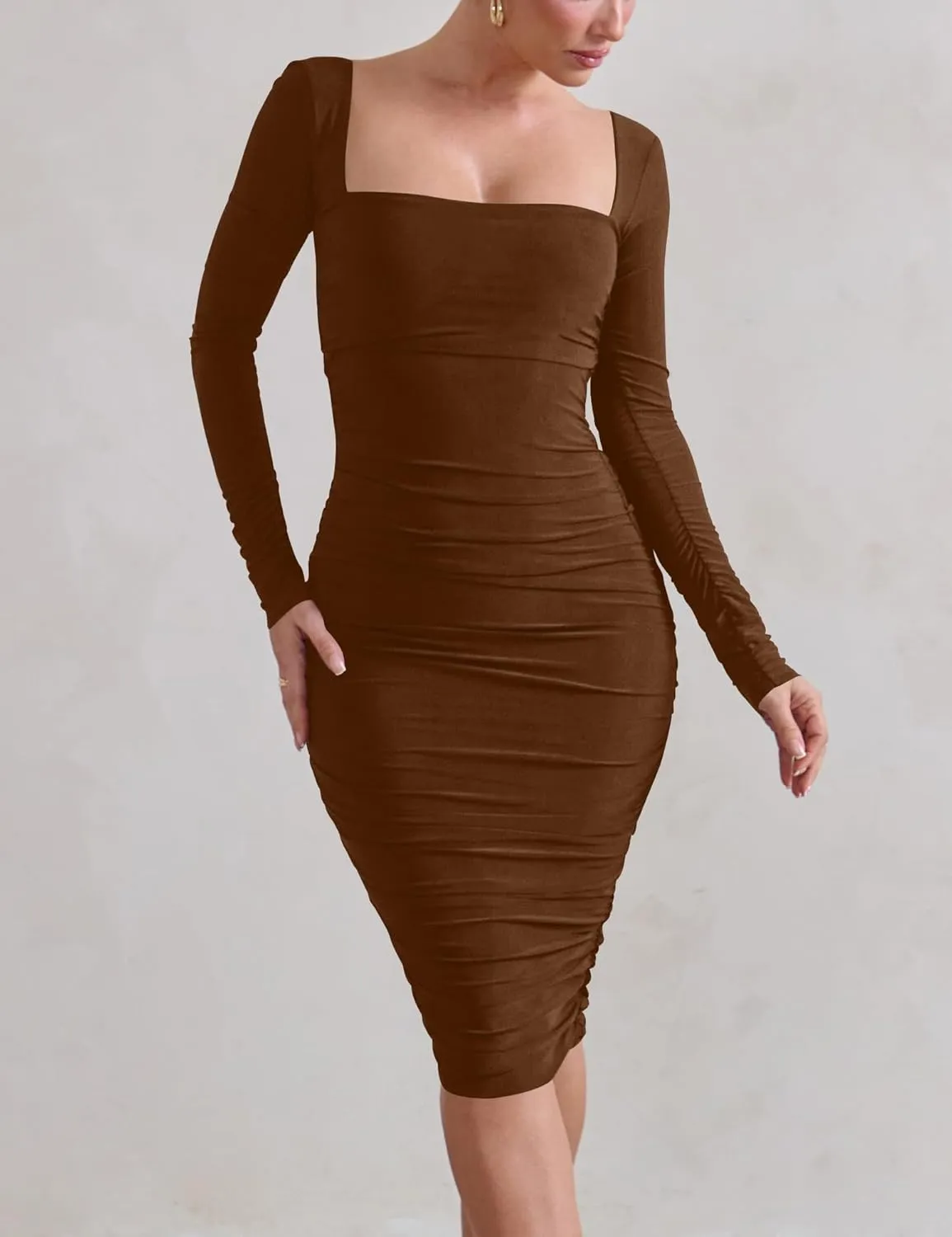 HOCILLE Women's Sexy Long Sleeve Bodycon Square Neck Ruched Cocktail Party Midi Dresses