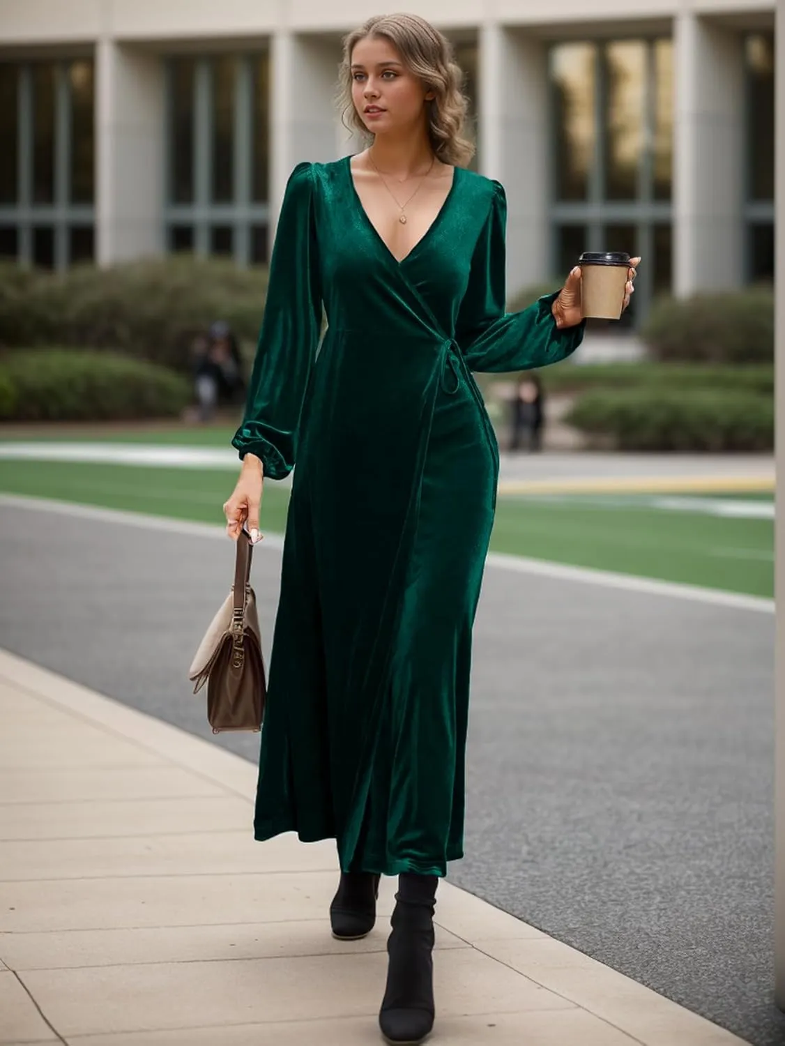 IFFEI Women's V-Neck Velvet Dress Fall Winter Wrap Cocktail Party Dresses Long Sleeve Maxi Dress