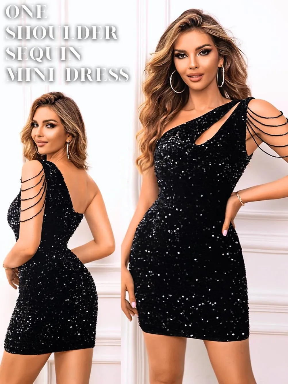 Kaei&Shi Sequin Velvet Prom Dress,Cut Out One Shoulder Short Formal Dresses,Sparkly Outfits Women HOCO Birthday Cocktail