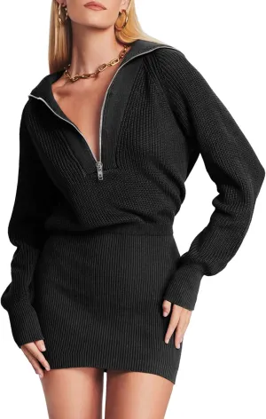 Lanwyqu Womens Zipper Up Bodycon Sweater Dress 2024 Cozy Pullover Long Sweaters Trendy Rib Knit Mini Dresses
